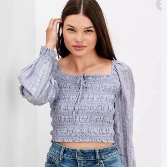 American Eagle Outfitters Tops - American Eagle Outfitters Light Blue Smocked Long Sleeve Floral Blouse Size XS